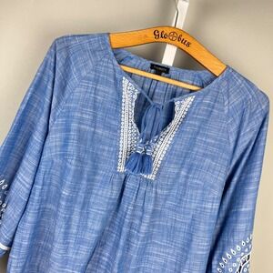 Talbots Blue Chambray Boho Peasant Top Womens S Embroidered Eyelet Coastal